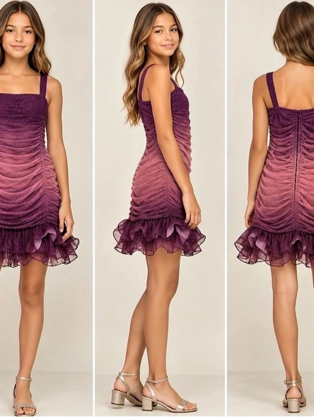 Speechless Ruched Ruffle Mini Dress in Purple & Pink Like New